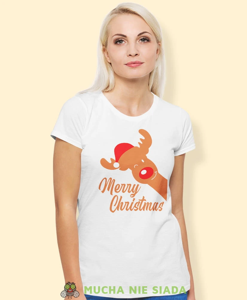merry christmas renifer koszulka świąteczna, biała damska koszulka z nadrukiem na prezent, fajna koszulka, dla dziewczyny dla żony, wesołych świąt, mucha nie siada.jpg