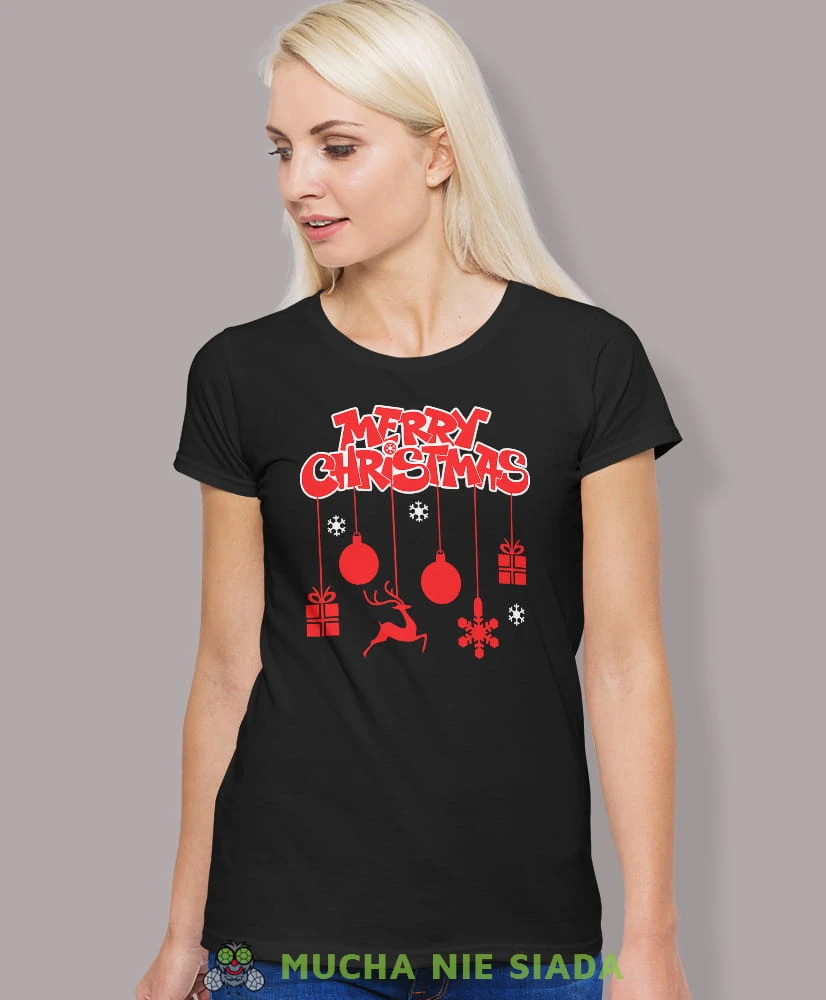 merry christmas, czarna damska koszulka z nadrukiem na prezent, fajna koszulka, dla dziewczyny dla żony, wesołych świąt, bałwan koszulka świąteczna, mucha nie siada.jpg
