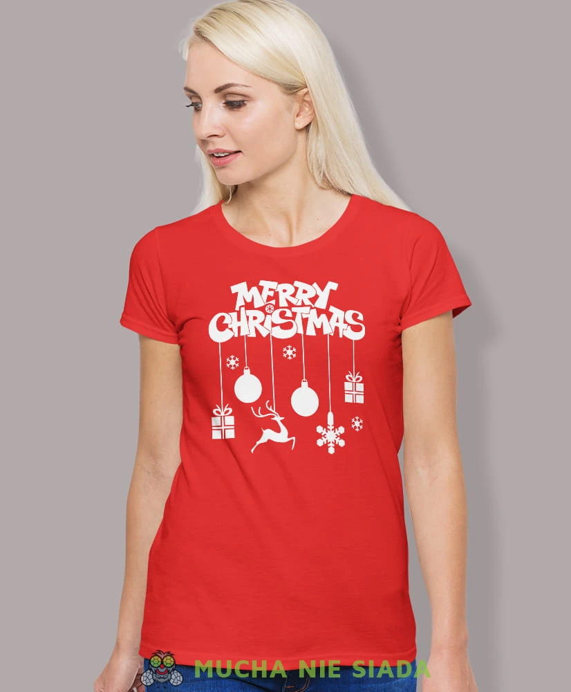 merry christmas, czerwona damska koszulka z nadrukiem na prezent, fajna koszulka, dla dziewczyny dla żony, wesołych świąt, bałwan koszulka świąteczna, mucha nie siada.jpg