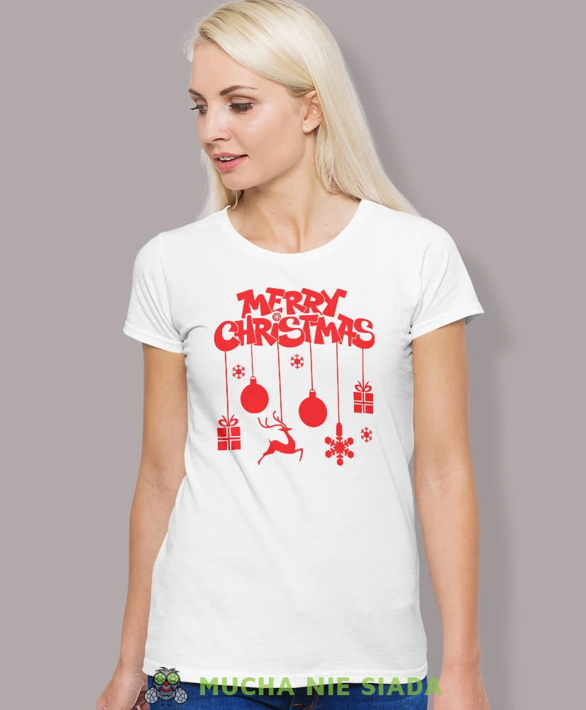 merry christmas, biała damska koszulka z nadrukiem na prezent, fajna koszulka, dla dziewczyny dla żony, wesołych świąt, bałwan koszulka świąteczna, mucha nie siada.jpg