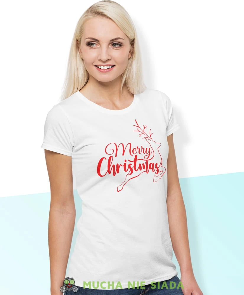 merry christmas renifer, biała damska koszulka z nadrukiem na prezent, fajna koszulka, dla dziewczyny dla żony, wesołych świąt, bałwan koszulka świąteczna, mucha nie siada.jpg