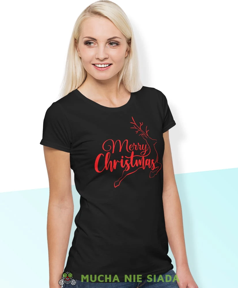 merry christmas renifer, czarna damska koszulka z nadrukiem na prezent, fajna koszulka, dla dziewczyny dla żony, wesołych świąt, bałwan koszulka świąteczna, mucha nie siada.jpg