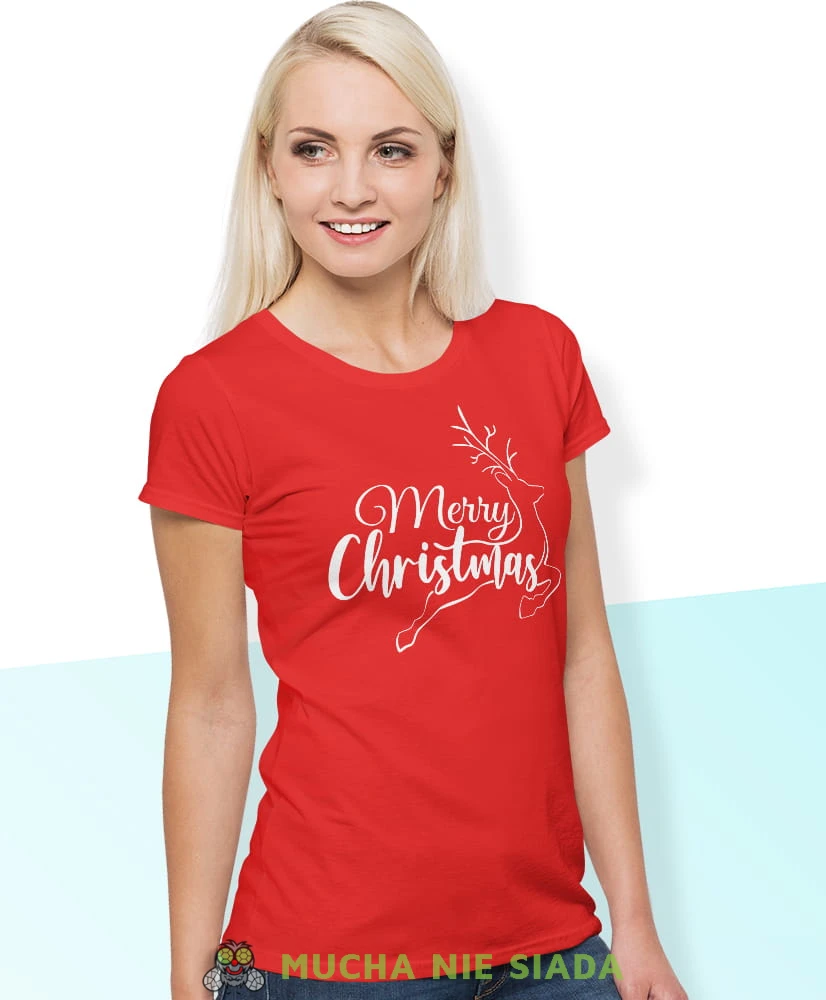 merry christmas renifer, czerwona damska koszulka z nadrukiem na prezent, fajna koszulka, dla dziewczyny dla żony, wesołych świąt, bałwan koszulka świąteczna, mucha nie siada.jpg