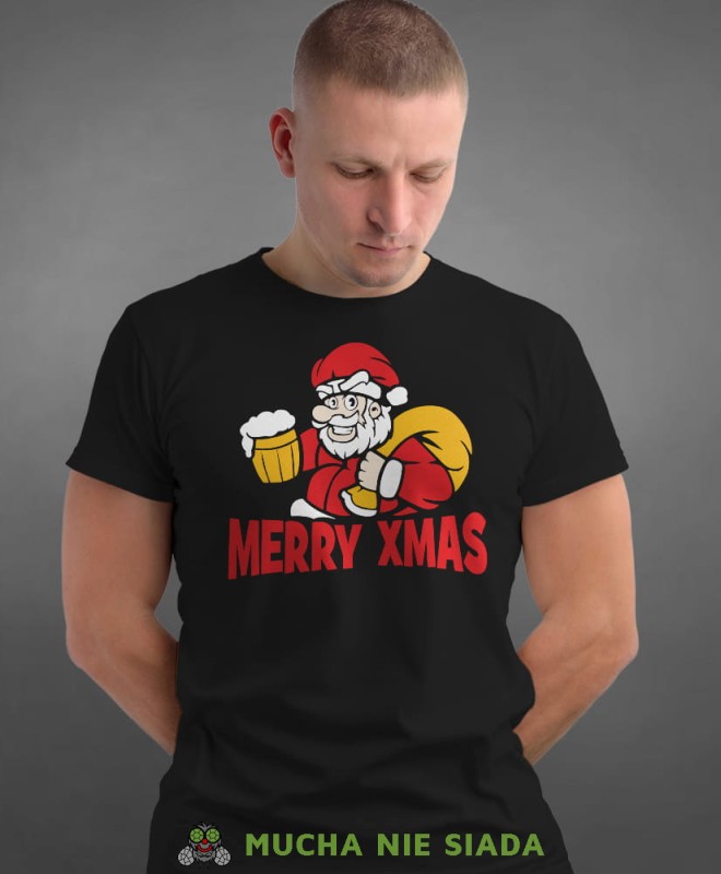 merry xmas mikołaj , czarna męska koszulka z nadrukiem na co dzień, na prezent, fajna koszulka, dla chłopaka, dla męża, mucha nie siada, koszulka świąteczna.jpg