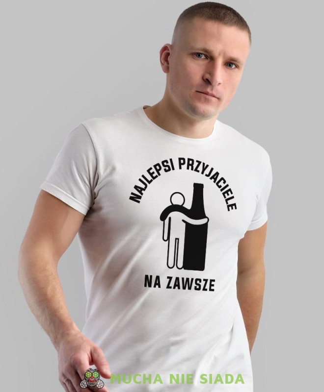 najlepsi przyjaciele na zawsze, biała męska koszulka z nadrukiem na co dzień, na prezent, fajna koszulka, dla chłopaka, dla męża, dla kolegi, mucha nie siada-min.jpg