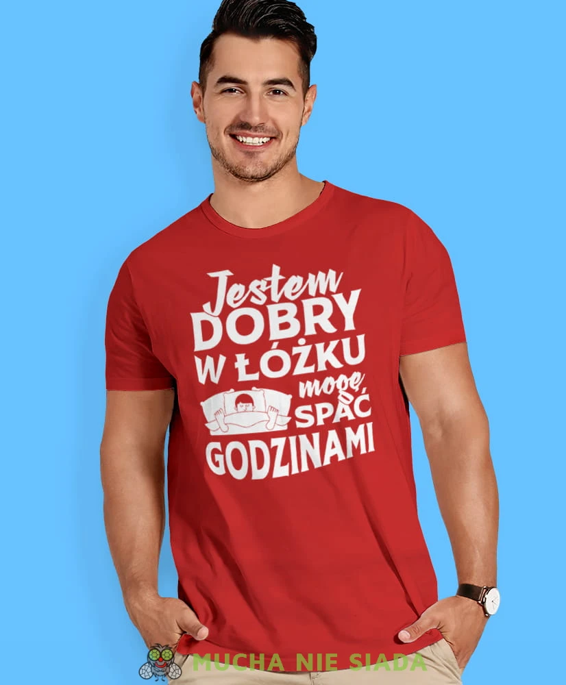 jestem dobry w łóżku mogę spać godzinami, czerwona męska koszulka z nadrukiem na co dzień, na prezent, fajna koszulka, dla chłopaka, dla męża, mucha nie siada.jpg