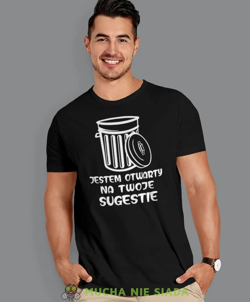 jestem otwarty na twoje sugestie, czarna męska koszulka z nadrukiem na co dzień, na prezent, fajna koszulka, dla chłopaka, dla męża, mucha nie siada.jpg