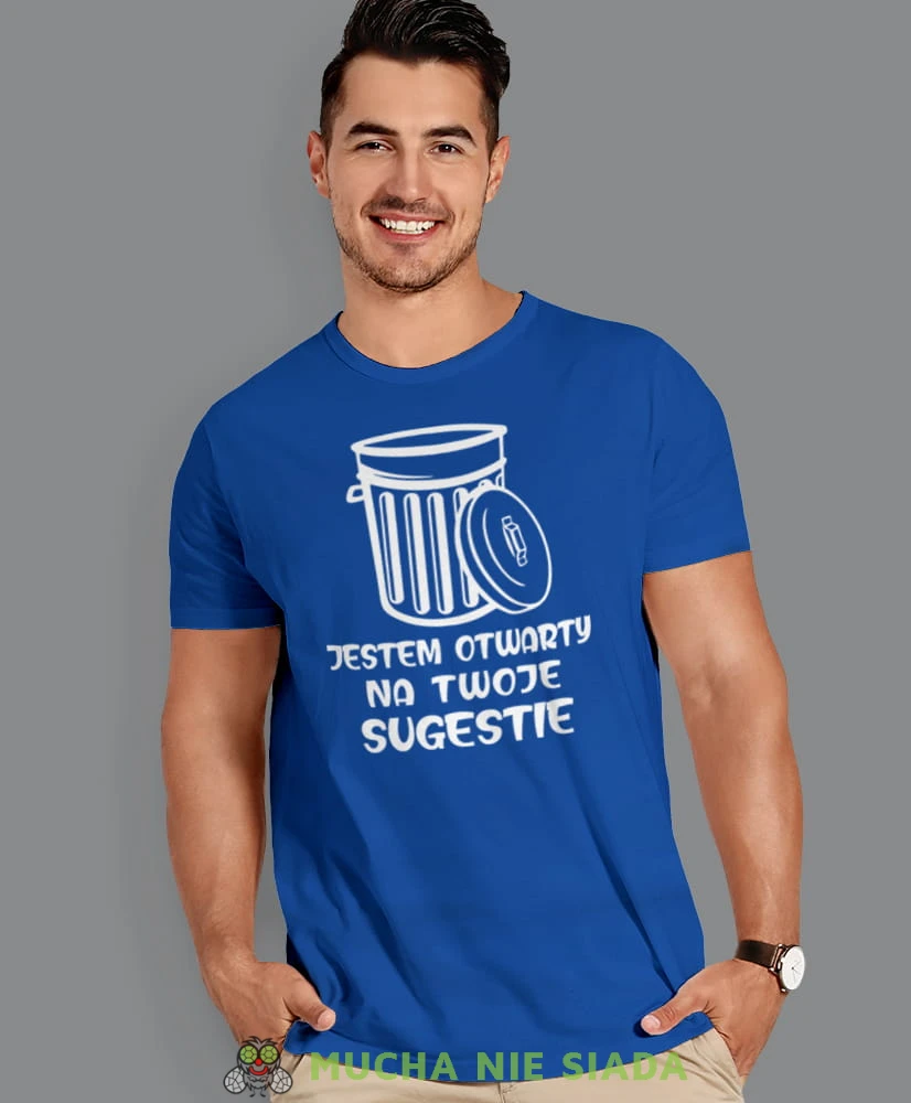 jestem otwarty na twoje sugestie, niebieska męska koszulka z nadrukiem na co dzień, na prezent, fajna koszulka, dla chłopaka, dla męża, mucha nie siada.jpg