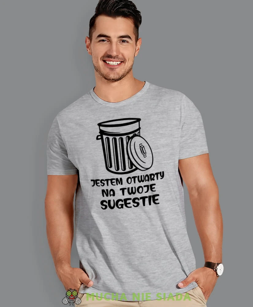 jestem otwarty na twoje sugestie, szara męska koszulka z nadrukiem na co dzień, na prezent, fajna koszulka, dla chłopaka, dla męża, mucha nie siada.jpg
