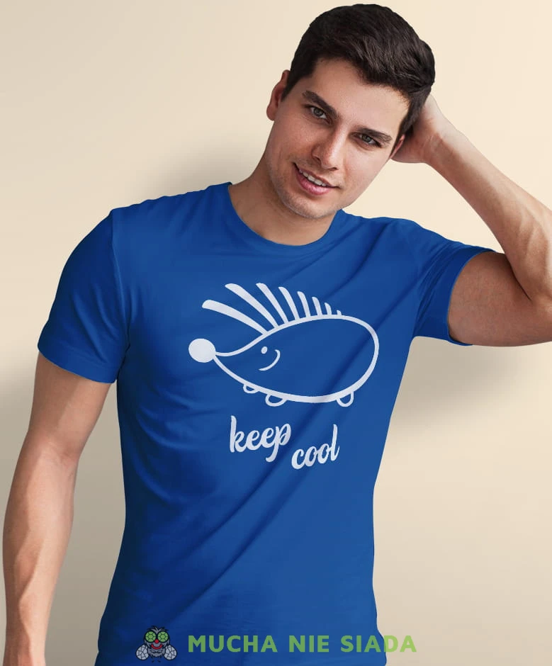 keep cool, niebieska męska koszulka z nadrukiem na co dzień, na prezent, fajna koszulka, dla chłopaka, dla męża, mucha nie siada.jpg