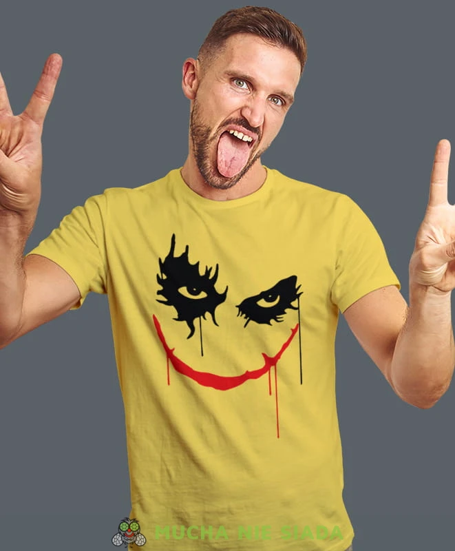 joker, żółta męska koszulka z nadrukiem na co dzień, na prezent, fajna koszulka, dla chłopaka, dla męża, mucha nie siada.jpg