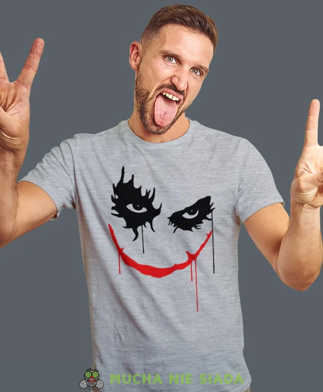 joker, szara męska koszulka z nadrukiem na co dzień, na prezent, fajna koszulka, dla chłopaka, dla męża, mucha nie siada.jpg