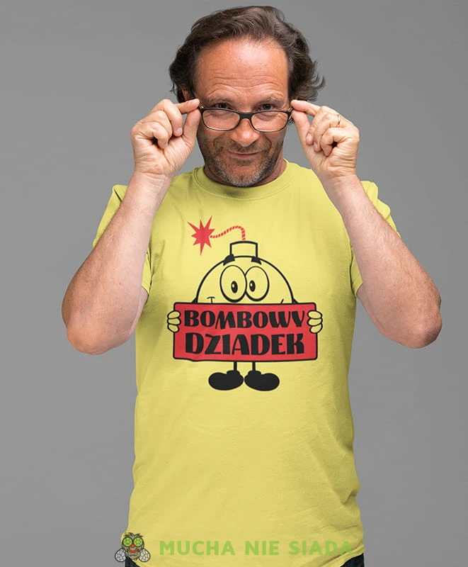 bombowy dziadek, żółta koszulka męska dla dziadka, na urodziny, na dzień dziadka, na prezent, mucha nie siada.jpg