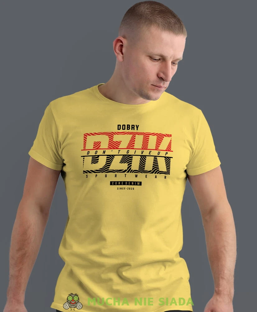 dobry dzik don't give up, żółta koszulka na siłownię, męska koszulka, koszulka sportowa, na sport, gym, na siłownię mucha nie siada.jpg
