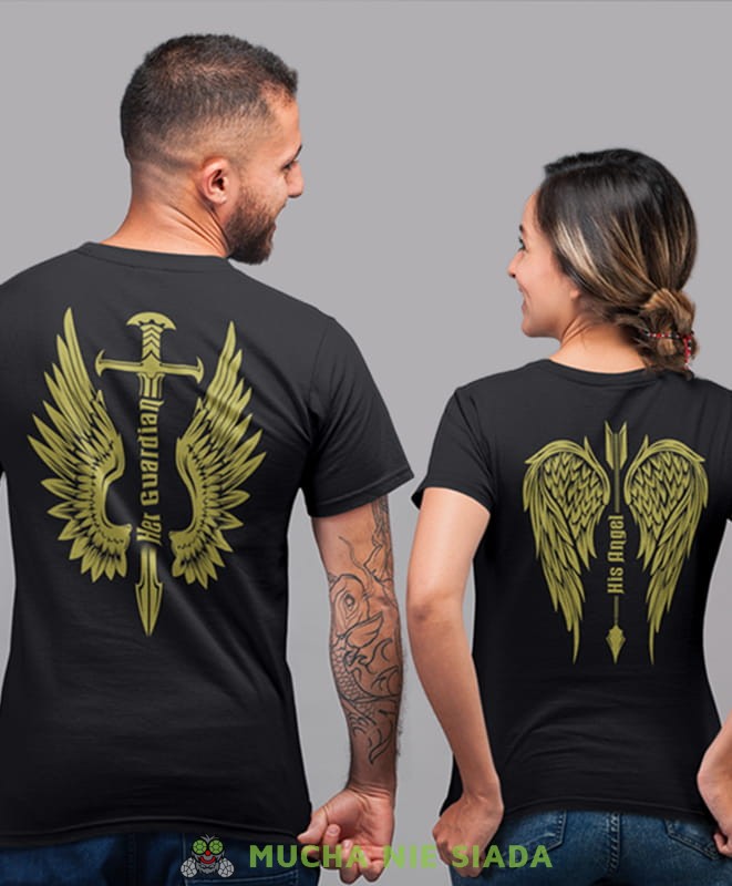 her guardian his angel złoty nadruk, czarne koszulki dla par, dla męża, dla żony, walentynki, fajne koszulki, t-shirty dla par, dla chłopaka, dla dziewczyny, mucha nie siada.jpg