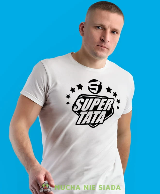 s jak super tata, biała koszulka, dzień taty, koszulka dla ojca, koszulka na dzień ojca, t-shirt dla taty, prezent dla taty, koszulka męska, mucha nie siada.jpg
