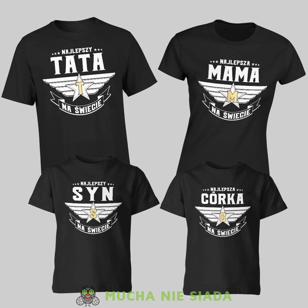 najlepsza rodzina na świecie złota litera, zestaw czarnych koszulek rodzinnych, mama, tata, córka syn, na prezent, fajne koszulki, mucha nie siada, rodzina.jpg