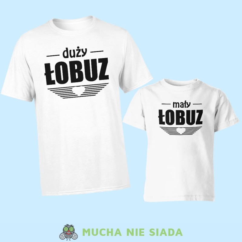 duży łobuz mały łobuz, zestaw białych koszulek dla taty i syna, na prezent, fajne koszulki, mucha nie siada, rodzina.jpg