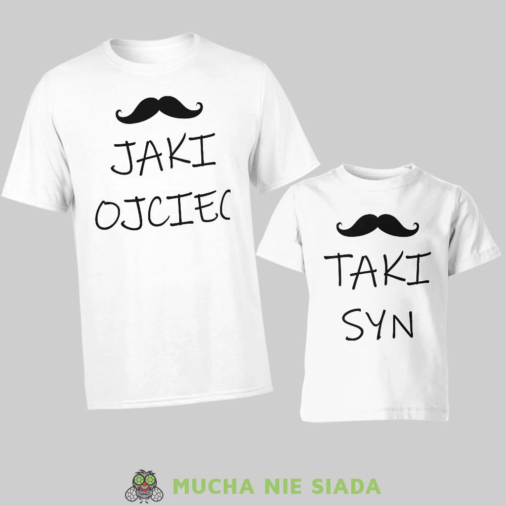 jaki ojciec taki syn, zestaw białych koszulek dla taty i syna, na prezent, fajne koszulki, mucha nie siada, rodzina.jpg