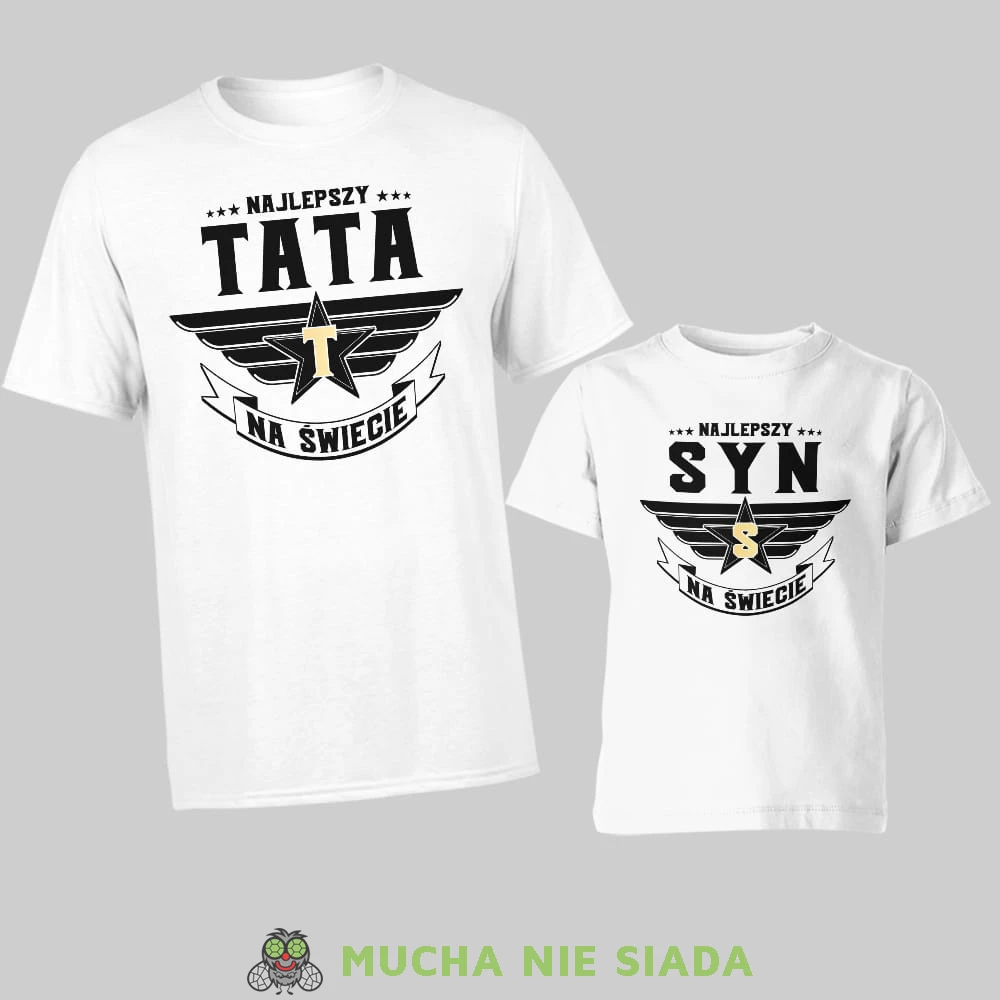 najlepszy tata na świecie, najlepszy syn na świecie, złota litera, zestaw białych koszulek dla taty i syna, na prezent, fajne koszulki, mucha nie siada, rodzina.jpg