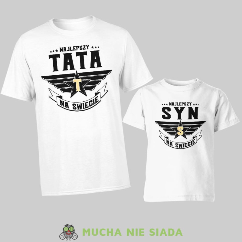 najlepszy tata na świecie, najlepszy syn na świecie, złota litera, zestaw białych koszulek dla taty i syna, na prezent, fajne koszulki, mucha nie siada, rodzina.jpg