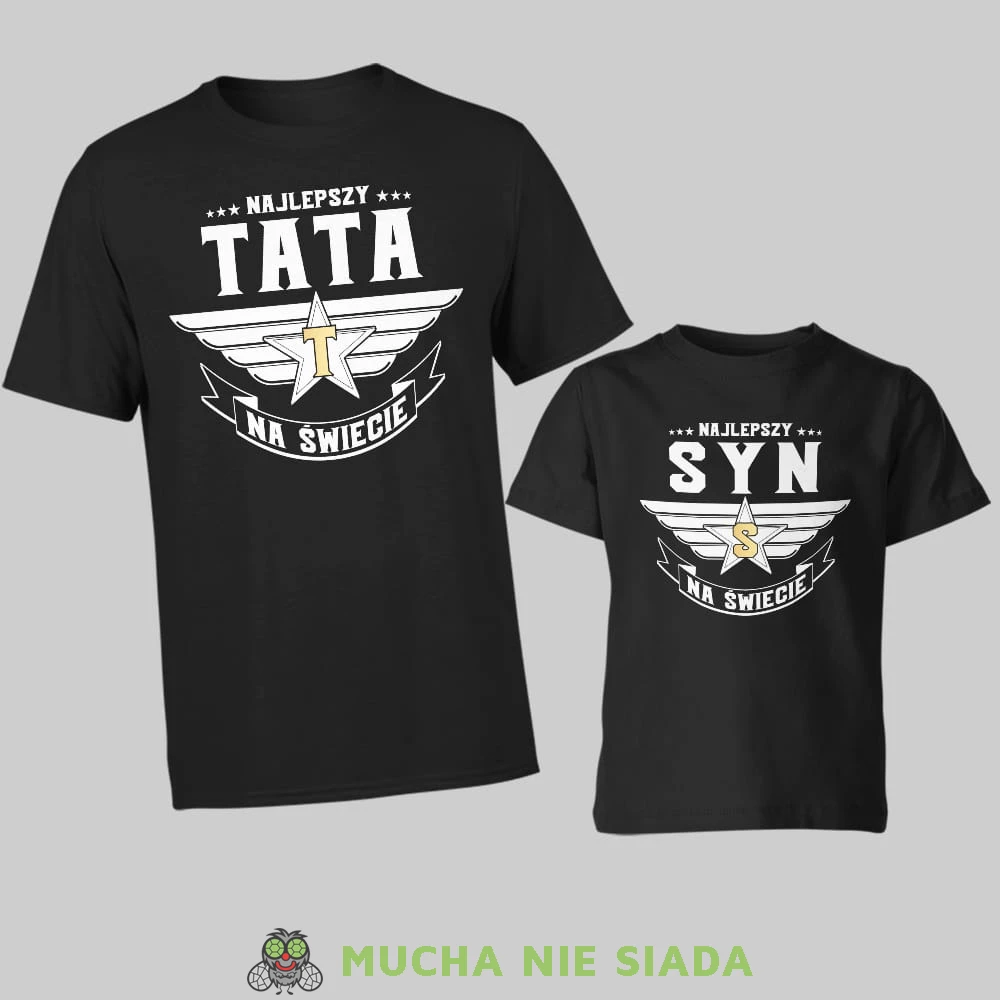 najlepszy tata na świecie, najlepszy syn na świecie, złota litera, zestaw czarnych koszulek dla taty i syna, na prezent, fajne koszulki, mucha nie siada, rodzina.jpg