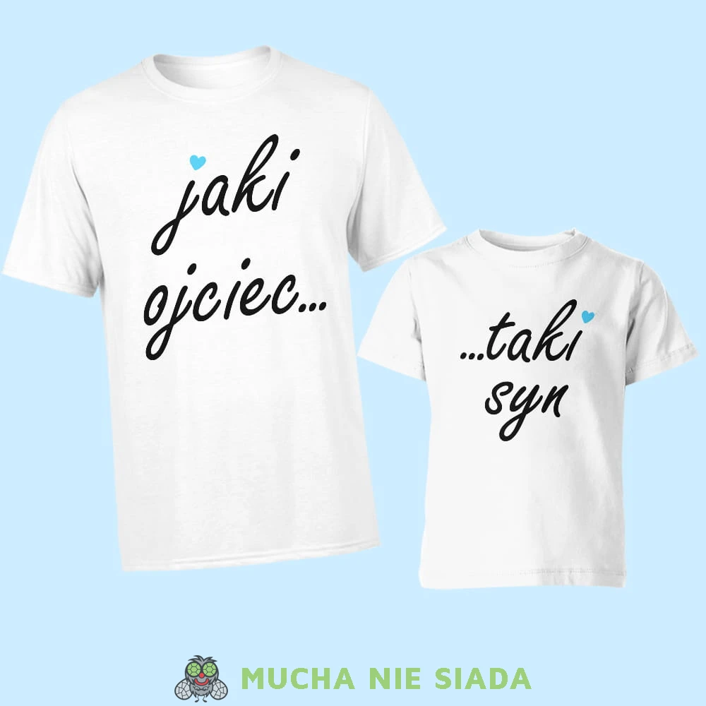 jaki ojciec taki syn serce, zestaw białych koszulek dla taty i syna, na prezent, fajne koszulki, mucha nie siada, rodzina.jpg