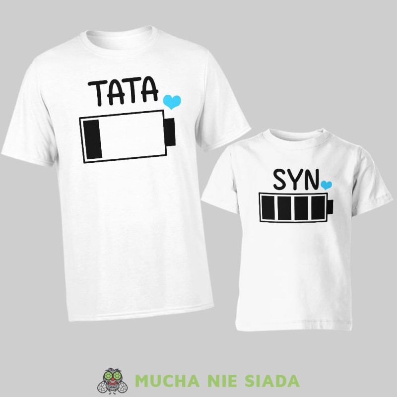 tata syn bateria, zestaw białych koszulek dla taty i syna, na prezent, fajne koszulki, mucha nie siada, rodzina.jpg