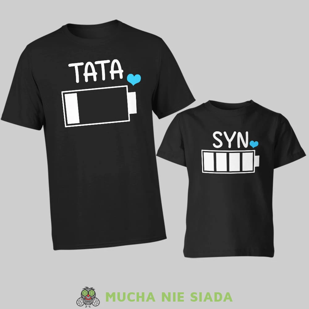tata syn bateria, zestaw czarnych koszulek dla taty i syna, na prezent, fajne koszulki, mucha nie siada, rodzina.jpg