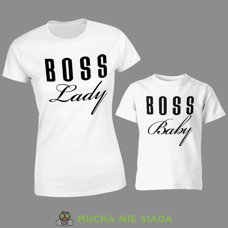 boss lady boss baby, zestaw białych koszulek dla mamy i syna, na prezent, fajne koszulki, mucha nie siada, rodzina.jpg