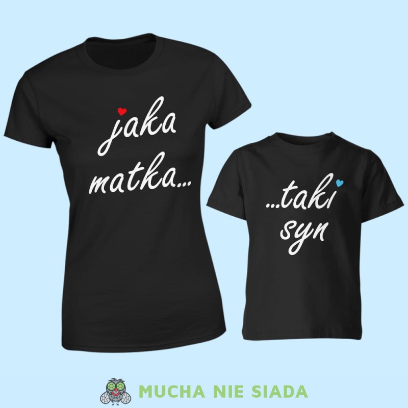 jaka matka taki syn serce, zestaw czarnych koszulek dla mamy i syna, na prezent, fajne koszulki, mucha nie siada, rodzina.jpg