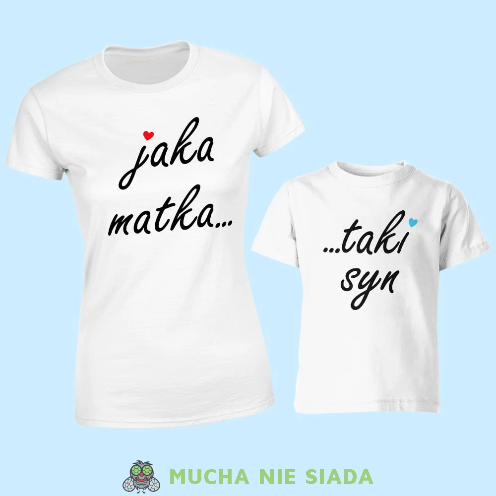 jaka matka taki syn, serce zestaw białych koszulek dla mamy i syna, na prezent, fajne koszulki, mucha nie siada, rodzina.jpg