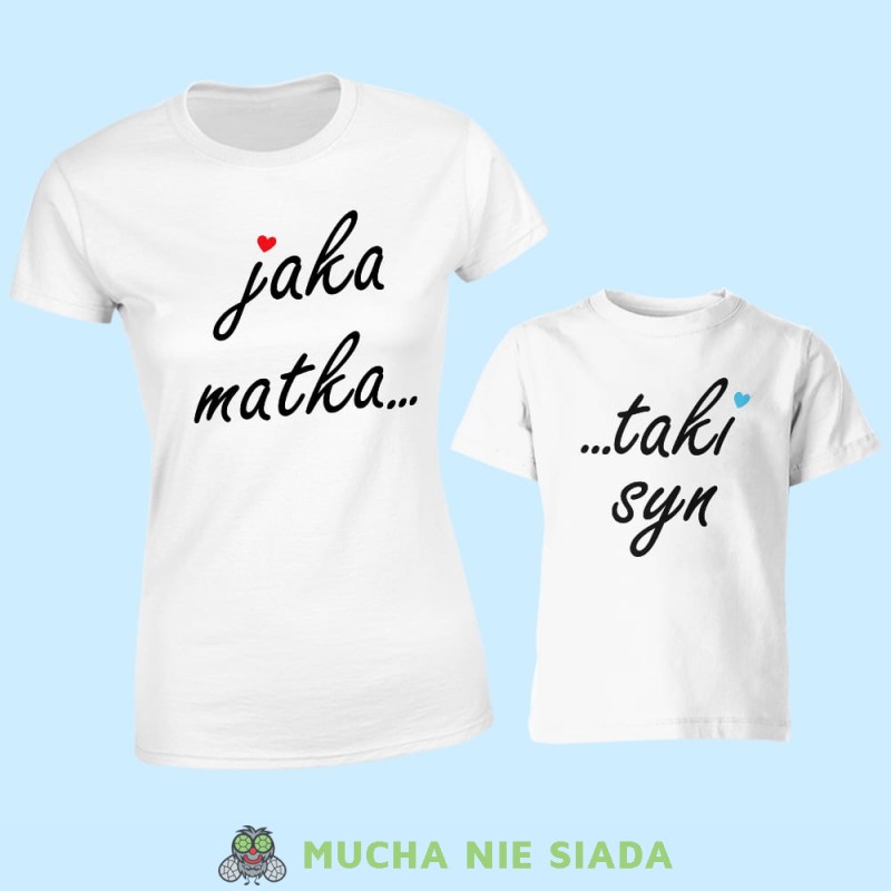 jaka matka taki syn, serce zestaw białych koszulek dla mamy i syna, na prezent, fajne koszulki, mucha nie siada, rodzina.jpg
