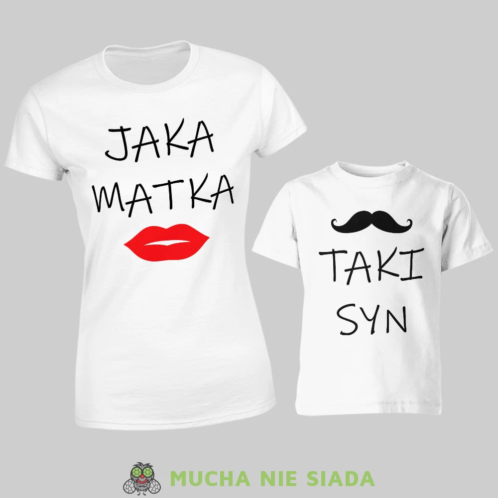 jaka matka taki syn, zestaw białych koszulek dla mamy i syna, na prezent, fajne koszulki, mucha nie siada, rodzina.jpg