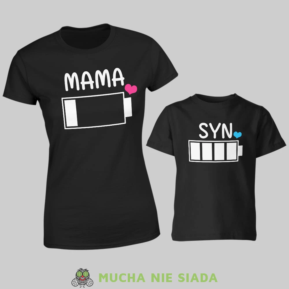 mama syn bateria, zestaw czarnych koszulek dla mamy i syna, na prezent, fajne koszulki, mucha nie siada, rodzina.jpg