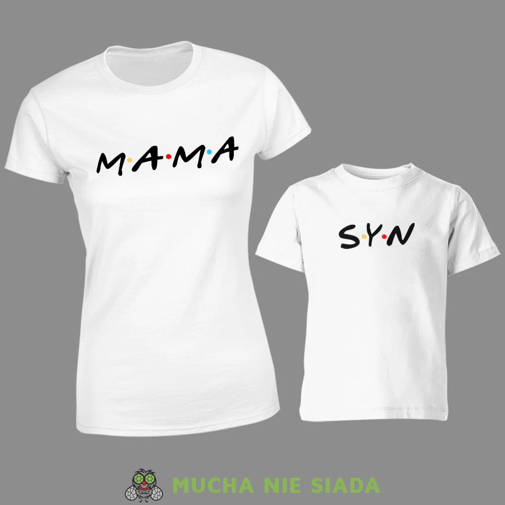 mama syn, zestaw białych koszulek dla mamy i syna, friends styl, na prezent, fajne koszulki, mucha nie siada, rodzina.jpg