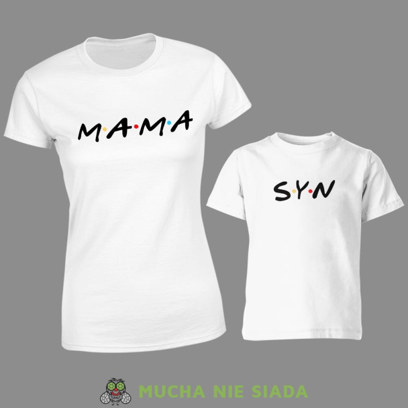 mama syn, zestaw białych koszulek dla mamy i syna, friends styl, na prezent, fajne koszulki, mucha nie siada, rodzina.jpg