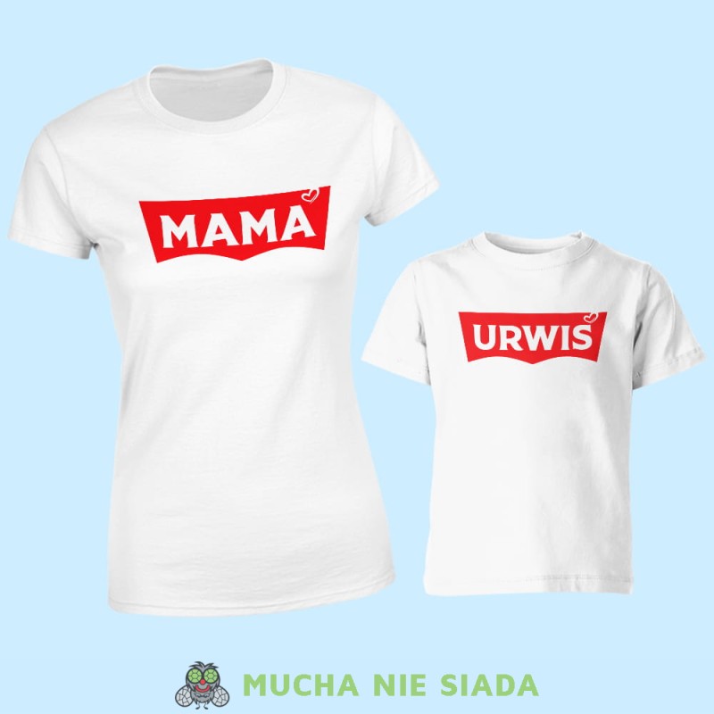 mama urwis, zestaw białych koszulek dla mamy i syna, na prezent, fajne koszulki, mucha nie siada, rodzina.jpg