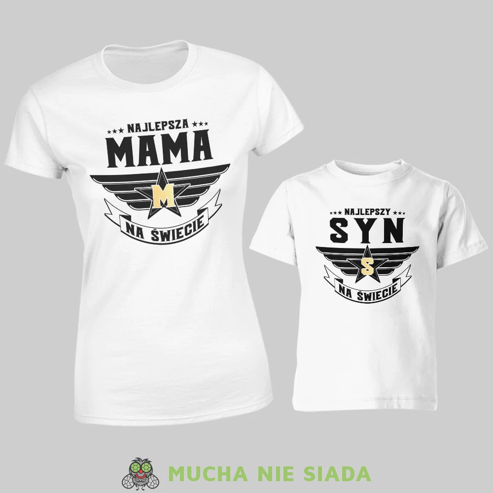 najlepsza mama na świecie, najlepszy syn na świecie, złota litera, zestaw białych koszulek dla mamy i syna, na prezent, fajne koszulki, mucha nie siada, rodzina.jpg
