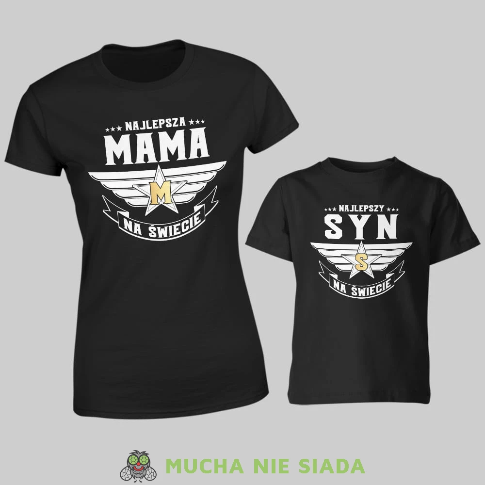 najlepsza mama na świecie, najlepszy syn na świecie, złota litera, zestaw czarnych koszulek dla mamy i syna, na prezent, fajne koszulki, mucha nie siada, rodzina.jpg