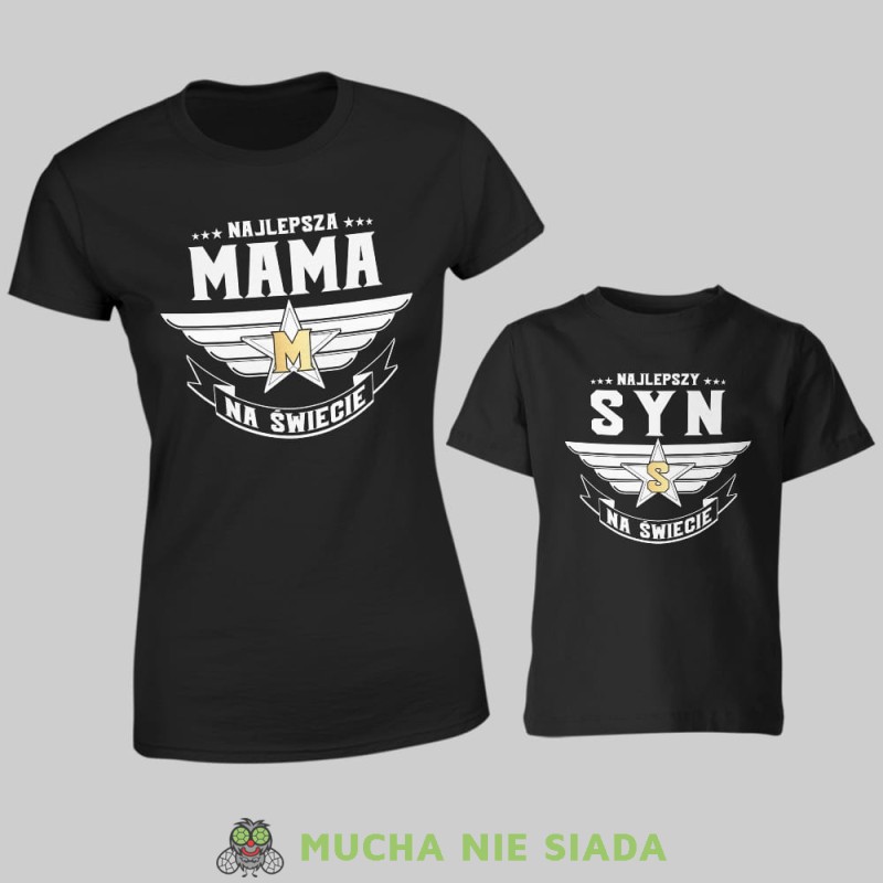 najlepsza mama na świecie, najlepszy syn na świecie, złota litera, zestaw czarnych koszulek dla mamy i syna, na prezent, fajne koszulki, mucha nie siada, rodzina.jpg