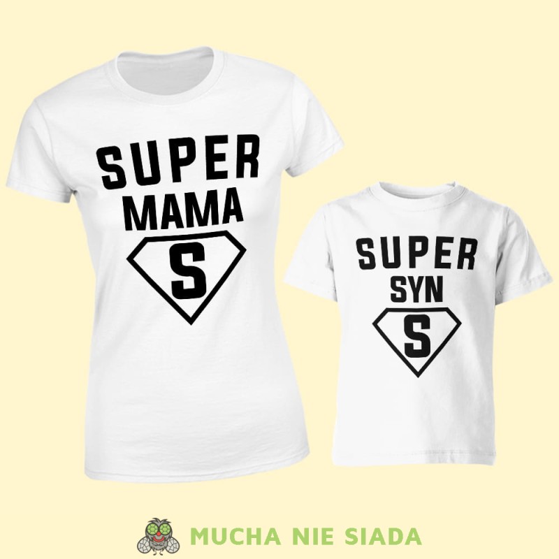 super mama super syn, zestaw białych koszulek dla mamy i syna, na prezent, fajne koszulki, mucha nie siada, rodzina.jpg