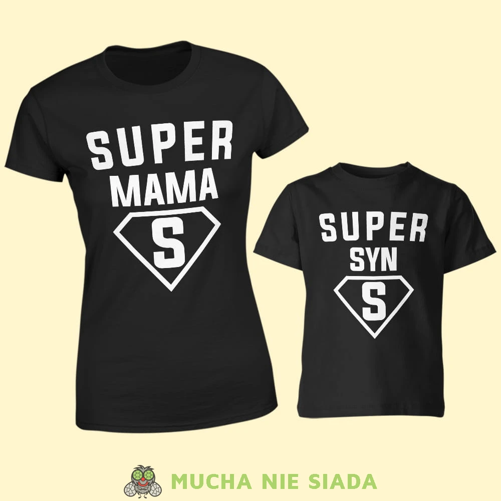 super mama super syn, zestaw czarnych koszulek dla mamy i syna, na prezent, fajne koszulki, mucha nie siada, rodzina.jpg