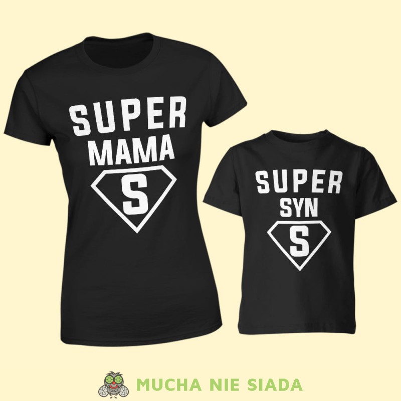 super mama super syn, zestaw czarnych koszulek dla mamy i syna, na prezent, fajne koszulki, mucha nie siada, rodzina.jpg