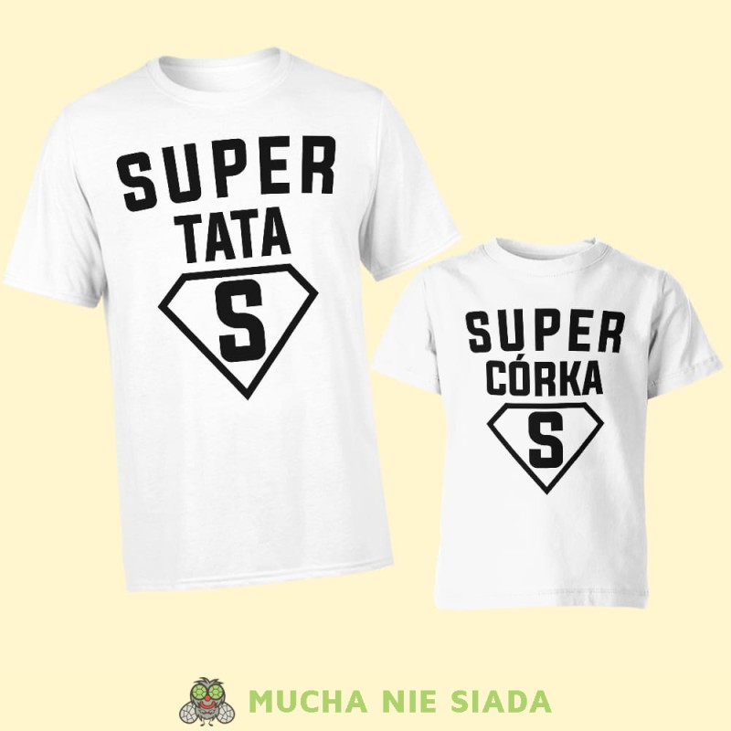 super tata super córka, zestaw białych koszulek dla taty i córki, na prezent, fajne koszulki, mucha nie siada, rodzina.jpg