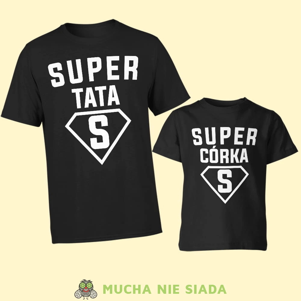 super tata super córka, zestaw czarnych koszulek dla taty i córki, na prezent, fajne koszulki, mucha nie siada, rodzina.jpg