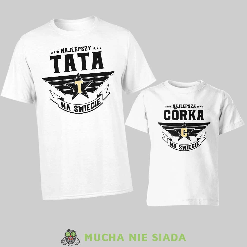 najlepszy tata na świecie, najlepsza córka na świecie, złota litera, zestaw białych koszulek dla taty i córki, na prezent, fajne koszulki, mucha nie siada, rodzina.jpg