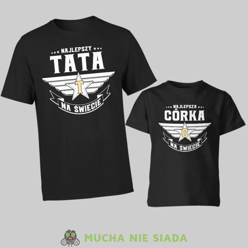 najlepszy tata na świecie, najlepsza córka na świecie, złota litera, zestaw czarnych koszulek dla taty i córki, na prezent, fajne koszulki, mucha nie siada, rodzina.jpg