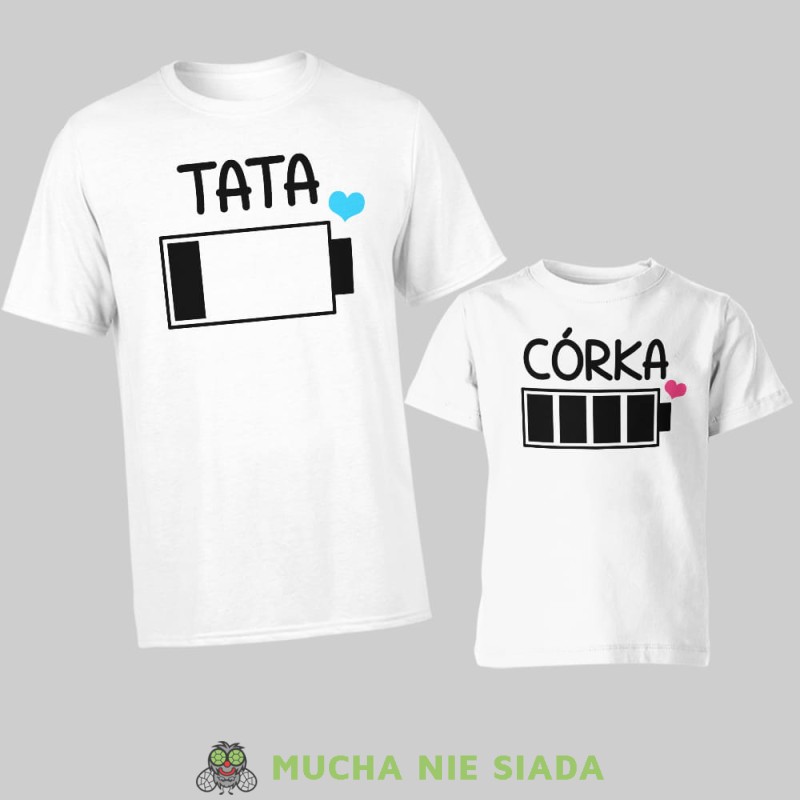 tata córka bateria, zestaw białych koszulek dla taty i córki, na prezent, fajne koszulki, mucha nie siada, rodzina.jpg