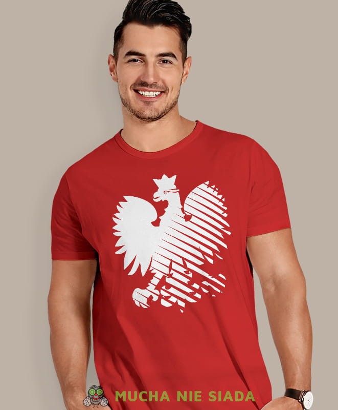 Orzeł Polski, modern, czerwona męska koszulka z nadrukiem, koszulka kibica, koszulki z grafiką patriotyczną, na prezent, koszulka Polska, koszulki Polski.jpg